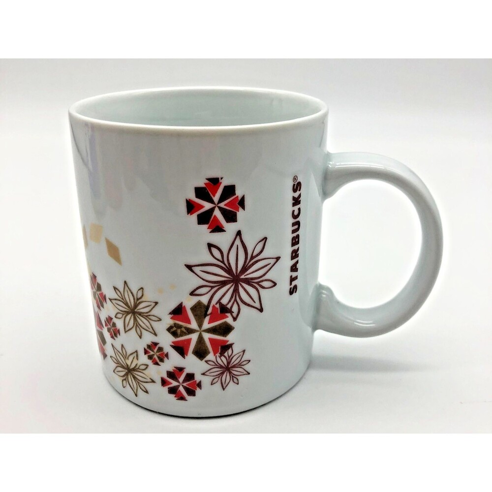 Starbucks Coffee Mug Christmas Holiday 2013 Red Gold Brown Floral Snowflake 12oz